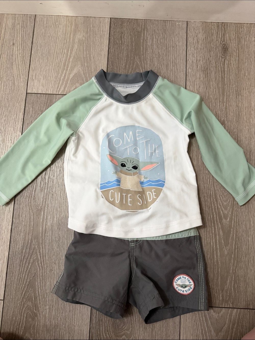 Baby swim trunks and rash guard Set - Mint & Gray "Come to the Cute Side"